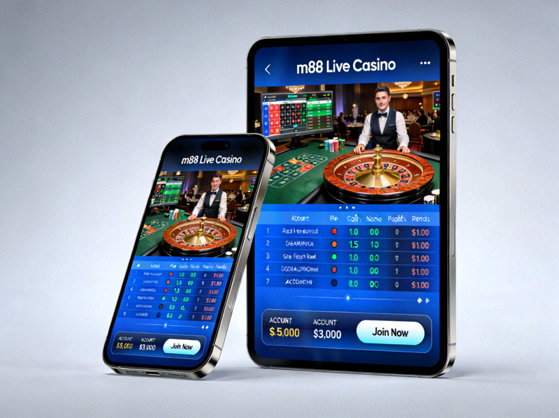 ภาพหน้าจอแสดงเกมคาสิโนสดจาก m88 บนสมาร์ทโฟนและแท็บเล็ต